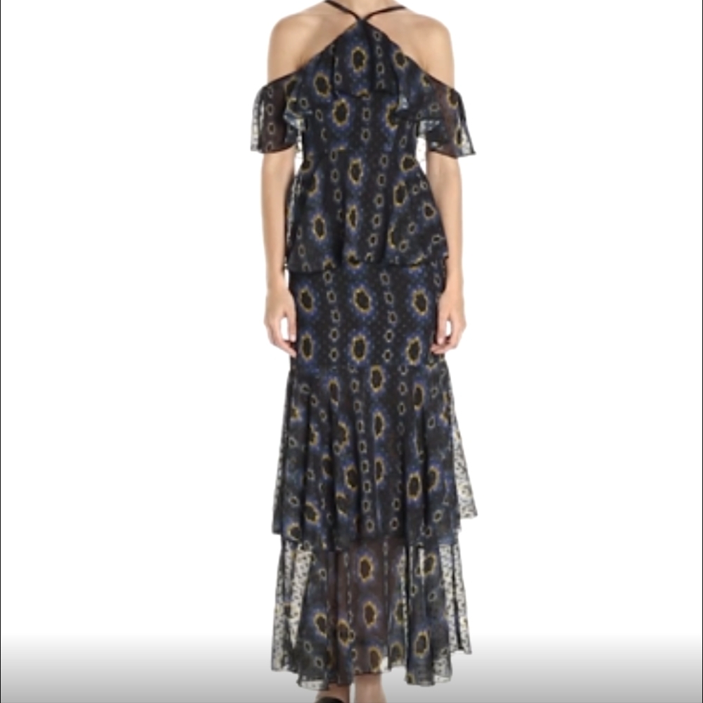 Cynthia Rowley tiered chiffon navy print maxi dress size 2